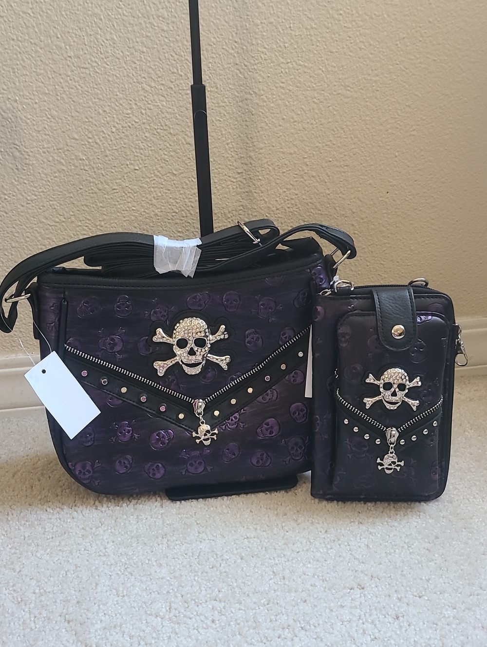 Purple Skull Crossbody Bag Set with Rhinestone Skull Accents
